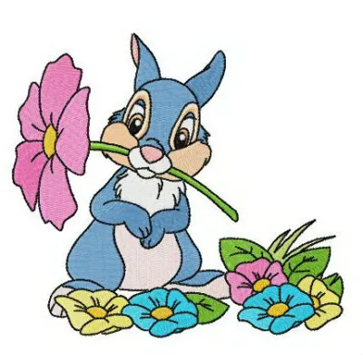 Thumper in a vibrant spring meadow embroidery design, showcasing delightful floral motifs for your crafts.