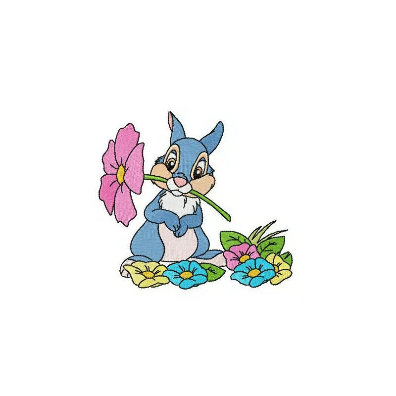Thumper in a vibrant spring meadow embroidery design, showcasing delightful floral motifs for your crafts.