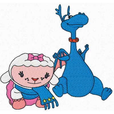 Lambie and Stuffy embroidery design showcasing beloved characters from Doc McStuffins, ideal for kids' apparel.