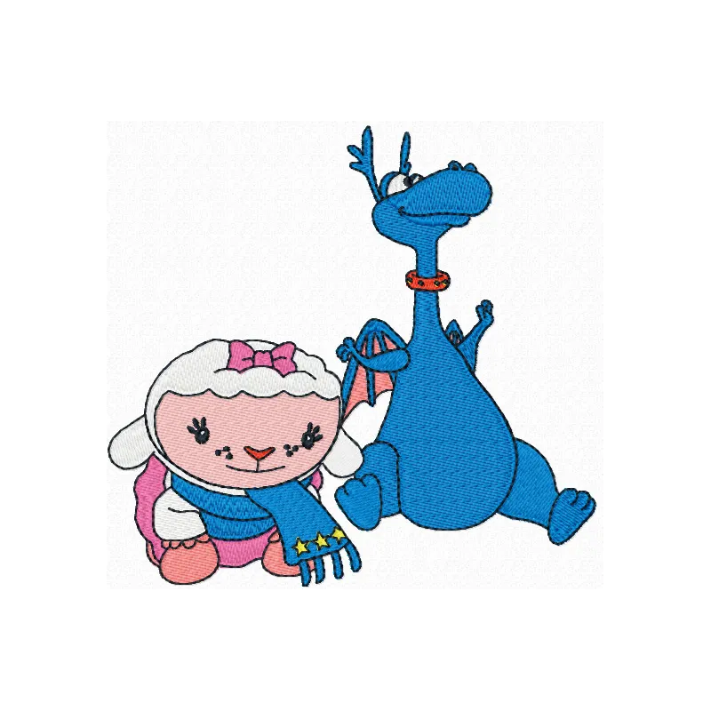 Lambie and Stuffy embroidery design showcasing beloved characters from Doc McStuffins, ideal for kids' apparel.