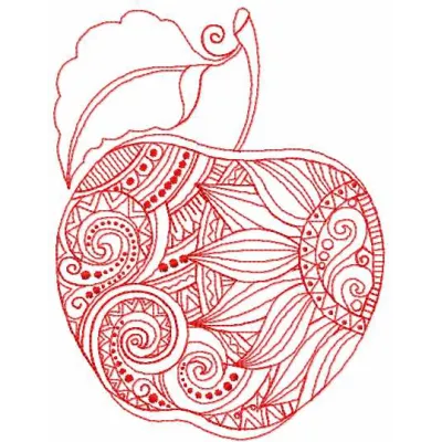 Apple redwork embroidery design featuring a detailed fruit motif, ideal for stitching on kitchen towels or aprons.