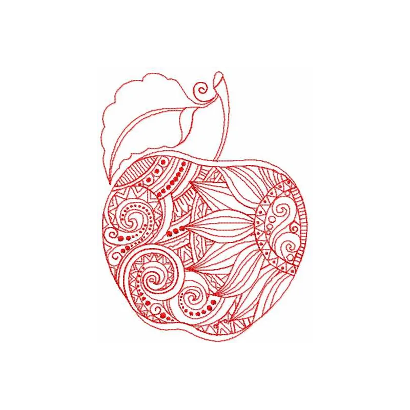 Apple redwork embroidery design featuring a detailed fruit motif, ideal for stitching on kitchen towels or aprons.