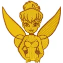 Gold Tinkerbell embroidery design showcasing a whimsical fairy motif, perfect for embellishing garments or accessories.