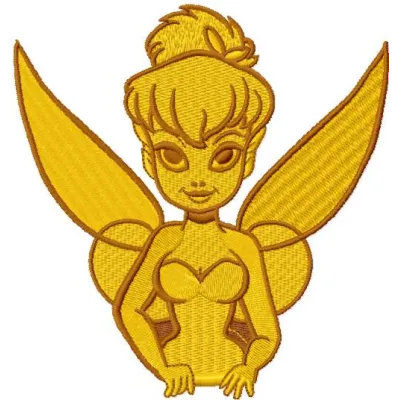 Gold Tinkerbell embroidery design showcasing a whimsical fairy motif, perfect for embellishing garments or accessories.
