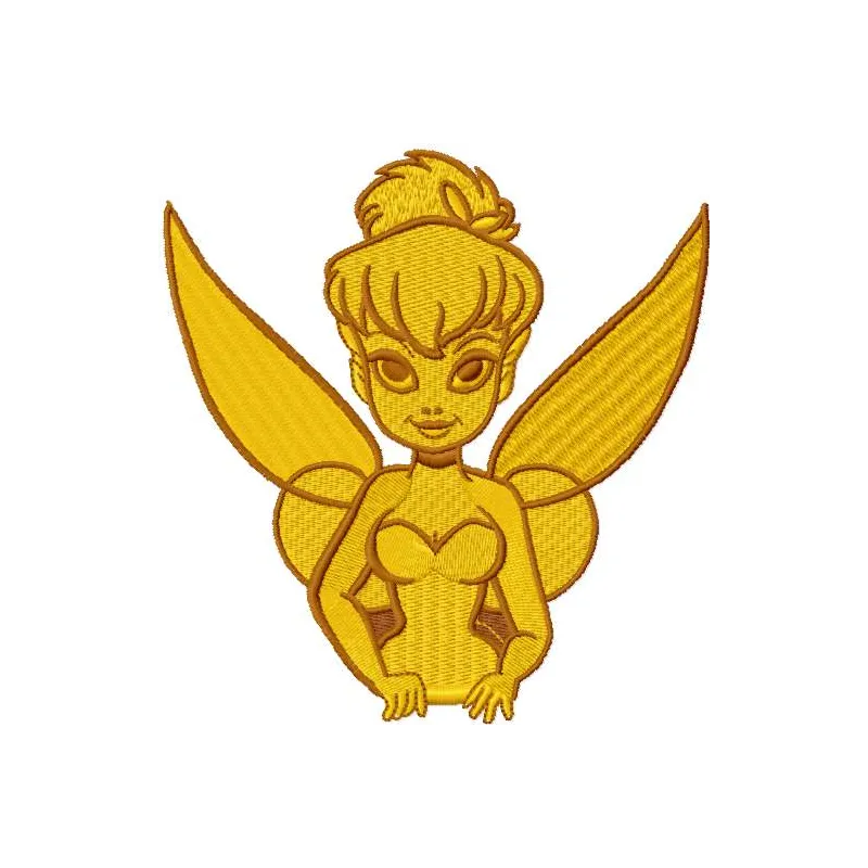Gold Tinkerbell embroidery design showcasing a whimsical fairy motif, perfect for embellishing garments or accessories.