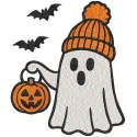 Embroidery design preview of a ghost holding a Halloween pumpkin, perfect for festive stitching projects.