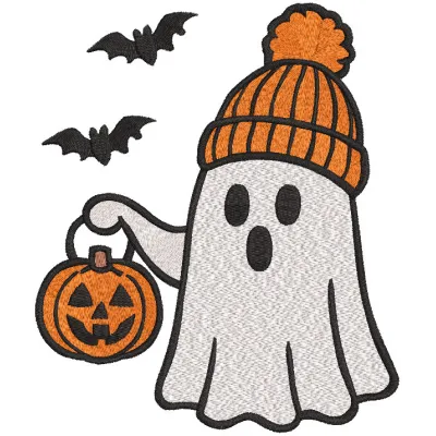 Embroidery design preview of a ghost holding a Halloween pumpkin, perfect for festive stitching projects.
