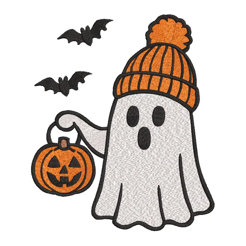 Embroidery design preview of a ghost holding a Halloween pumpkin, perfect for festive stitching projects.