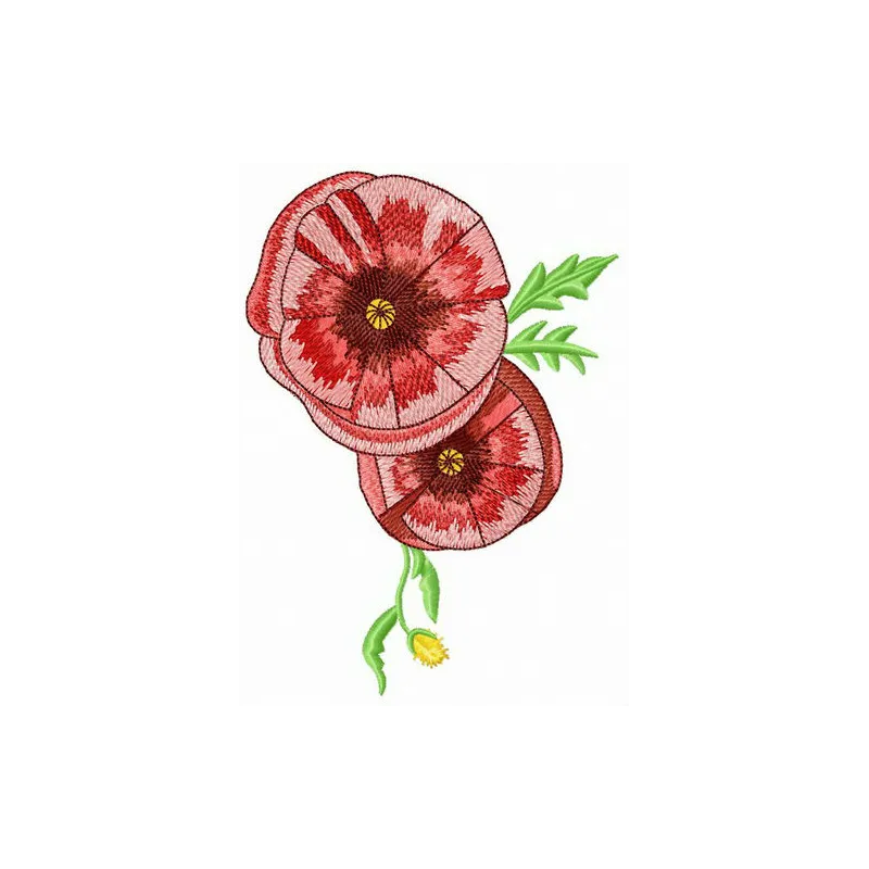 Two poppies embroidery design showcasing vibrant flowers, perfect for embellishing bags, shirts, or home decor items.
