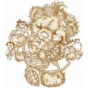 Teddy bear collecting flowers sketch embroidery design, showcasing a whimsical and charming stitched motif.