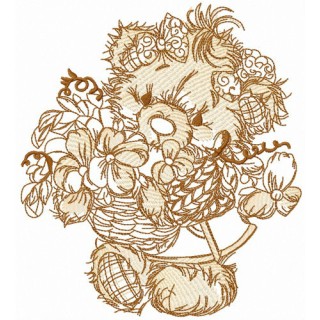 Teddy bear collecting flowers sketch embroidery design - Embroidery Design