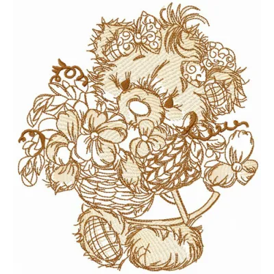 Teddy bear collecting flowers sketch embroidery design, showcasing a whimsical and charming stitched motif.
