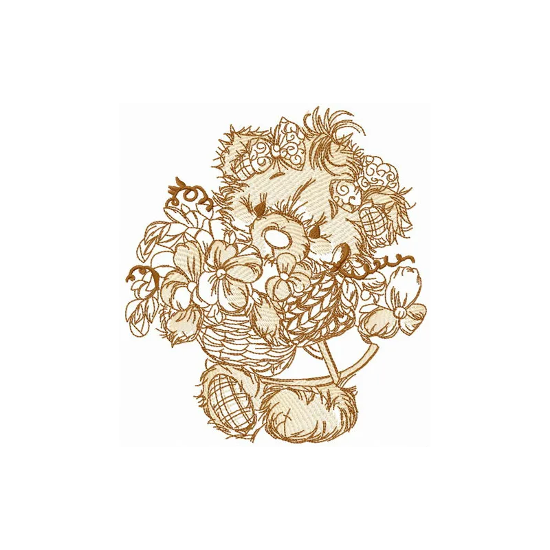 Teddy bear collecting flowers sketch embroidery design, showcasing a whimsical and charming stitched motif.