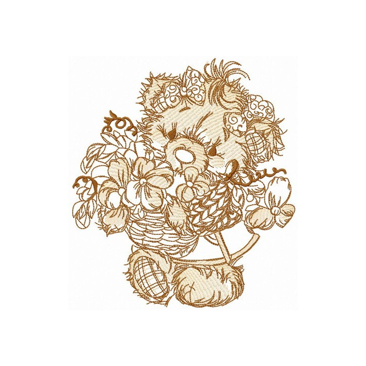 Teddy bear collecting flowers sketch embroidery design - Embroidery Design