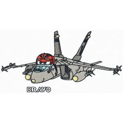 Bravo embroidery design featuring aviation-themed motifs, ideal for stitching on apparel and accessories.