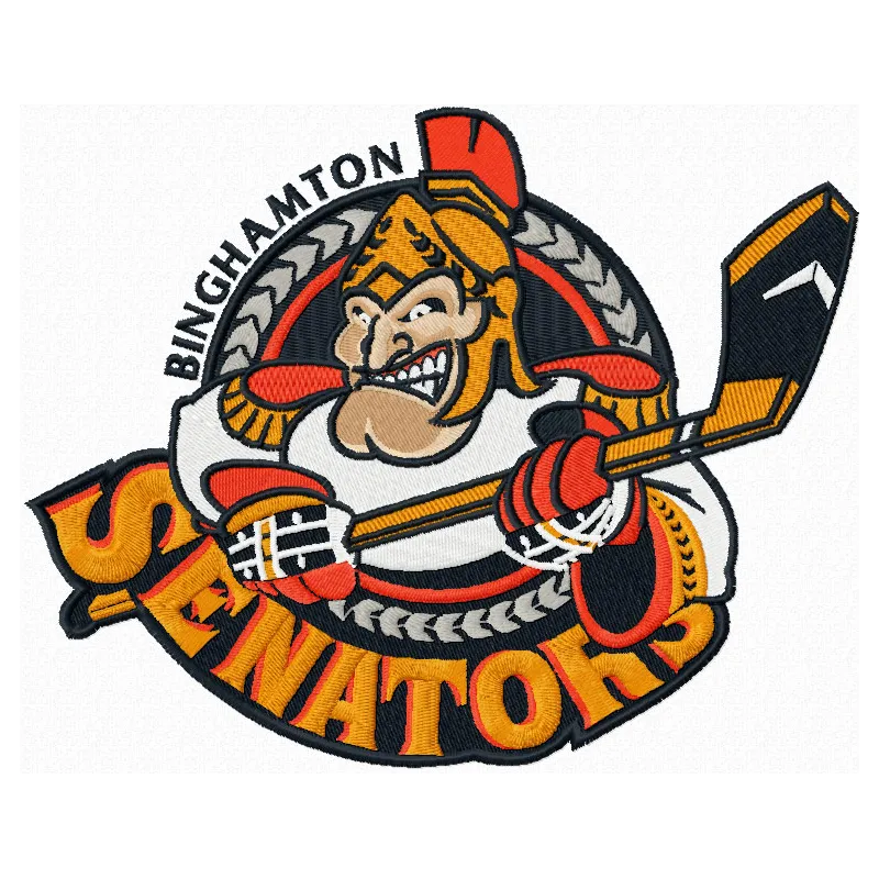 Binghamton Senators logo embroidery design showcased on a fabric, ideal for hockey-themed projects and apparel.