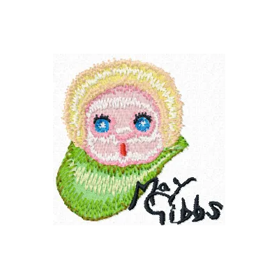 Gumnut baby face embroidery design showcasing charming details for stitching on baby items or gifts.