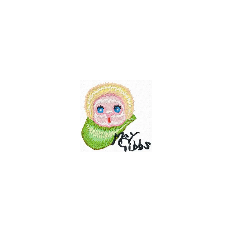 Gumnut baby face embroidery design showcasing charming details for stitching on baby items or gifts.