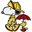 Snoopy and Woodstock strolling together under the rain in a charming embroidery design for fun stitching projects.