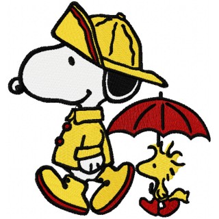 Snoopy and Woodstock walking under rain embroidery design - Embroidery Design