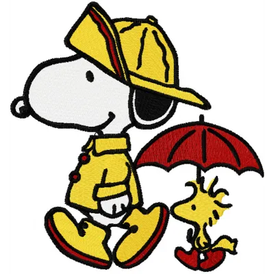 Snoopy and Woodstock strolling together under the rain in a charming embroidery design for fun stitching projects.