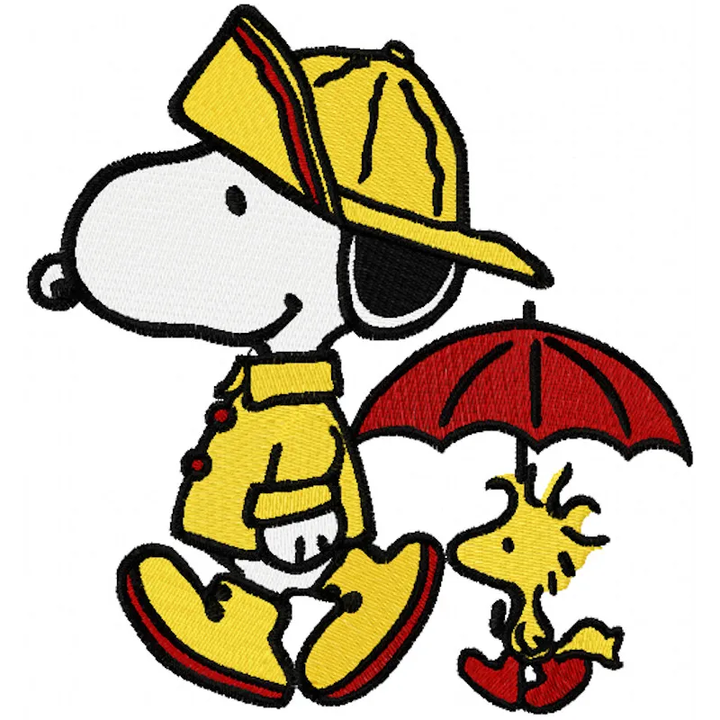 Snoopy and Woodstock strolling together under the rain in a charming embroidery design for fun stitching projects.
