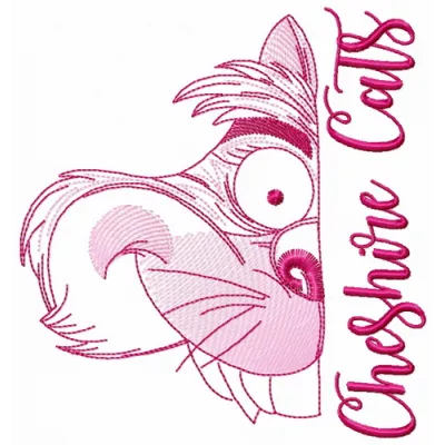 Cheshire cat muzzle sketch embroidery design featuring whimsical details from Alice in Wonderland.