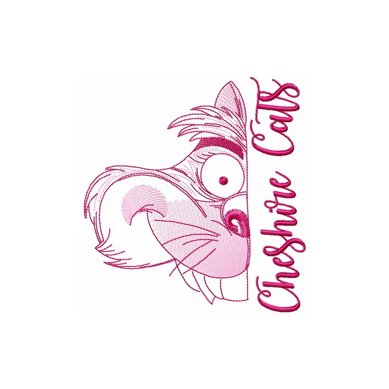 Cheshire cat muzzle sketch embroidery design featuring whimsical details from Alice in Wonderland.