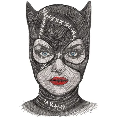 Embroidery design preview of Catwoman inspired by Michelle Pfeiffer from Batman series.