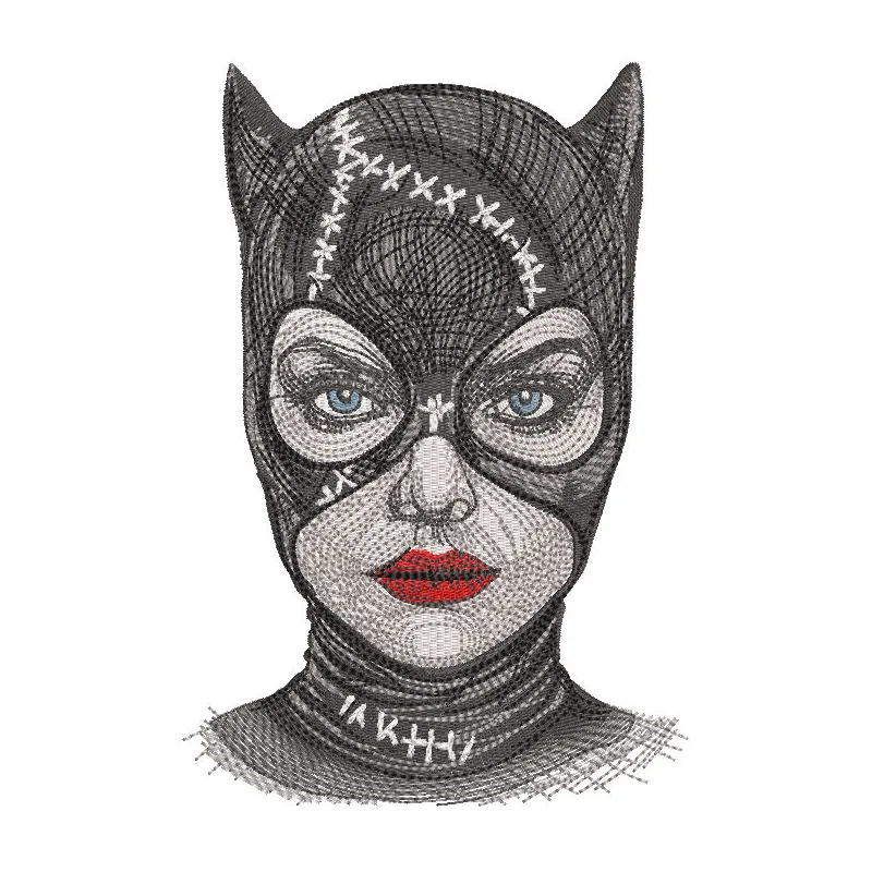 Embroidery design preview of Catwoman inspired by Michelle Pfeiffer from Batman series.