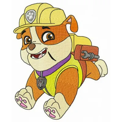 Rubble Runs embroidery design featuring Paw Patrol character, perfect for stitching on kids' clothing and accessories.