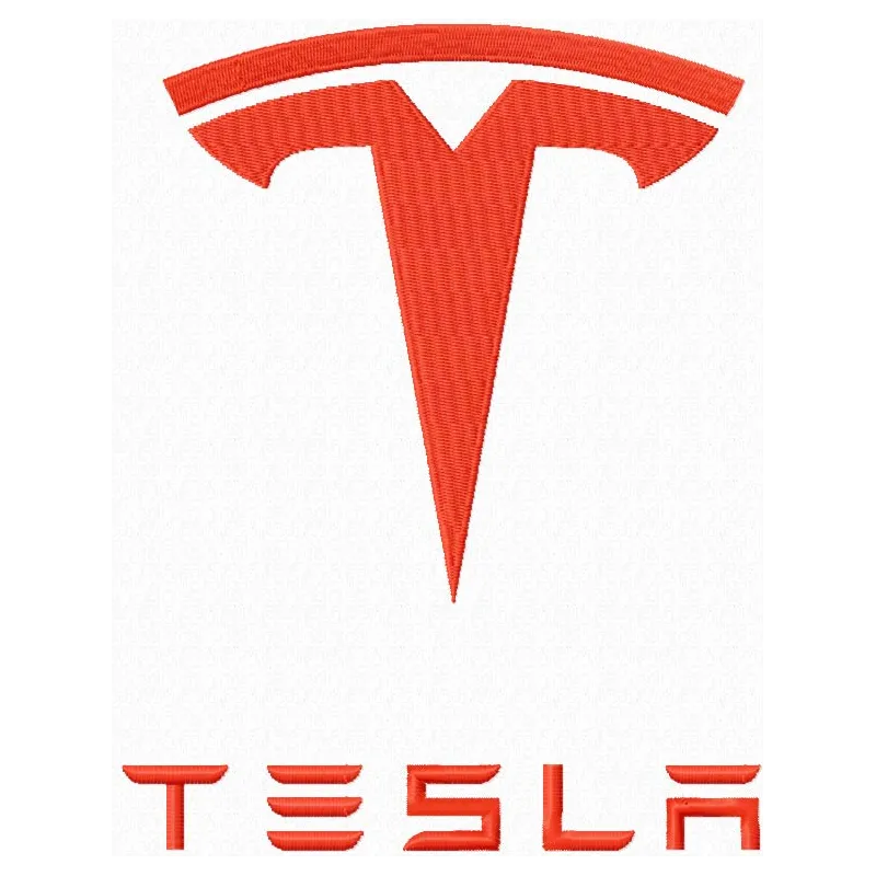 Tesla Motors logo embroidery design showcased on a sleek fabric, perfect for automotive enthusiasts' creations.