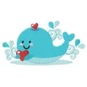 Embroidery design of a blue whale with a heart, perfect for sea life themed projects and stitching patterns.