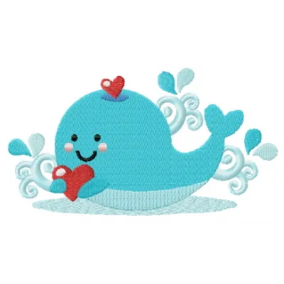 Embroidery design of a blue whale with a heart, perfect for sea life themed projects and stitching patterns.