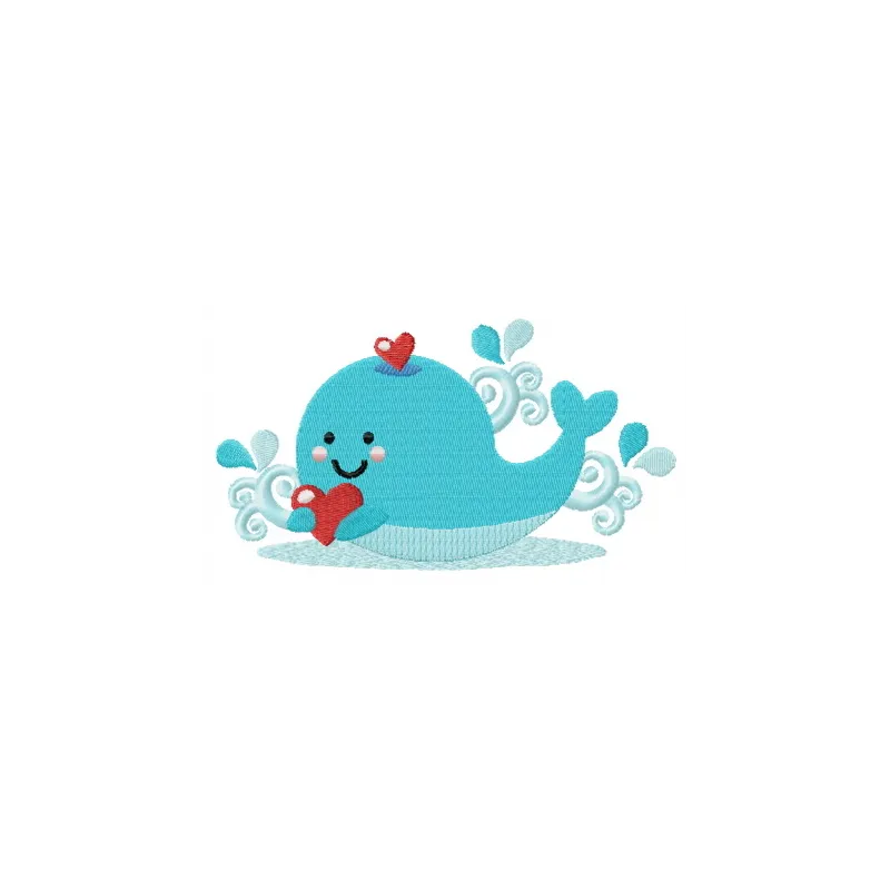 Embroidery design of a blue whale with a heart, perfect for sea life themed projects and stitching patterns.