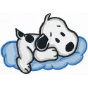 Snoopy resting on a fluffy cloud embroidery design, perfect for stitching on t-shirts and baby onesies.