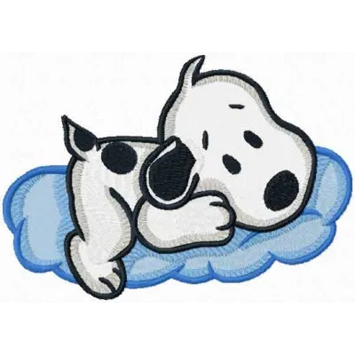 Snoopy resting on a fluffy cloud embroidery design, perfect for stitching on t-shirts and baby onesies.