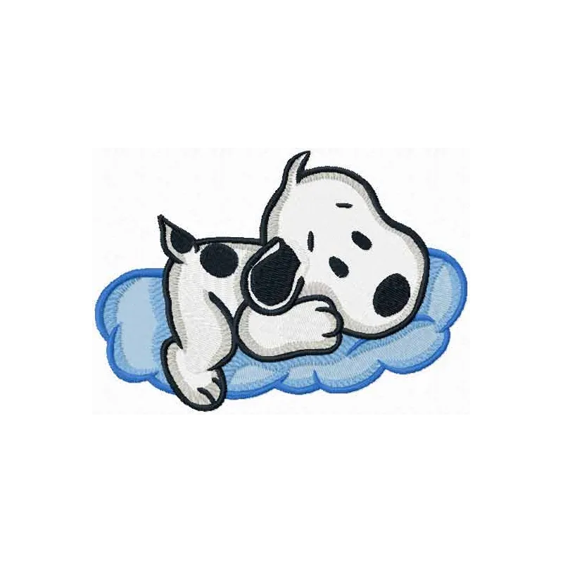 Snoopy resting on a fluffy cloud embroidery design, perfect for stitching on t-shirts and baby onesies.