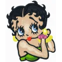 Embroidery design featuring Betty Boop trying on earrings, perfect for personalizing apparel or accessories.