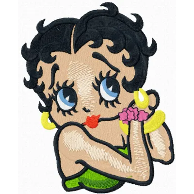 Embroidery design featuring Betty Boop trying on earrings, perfect for personalizing apparel or accessories.