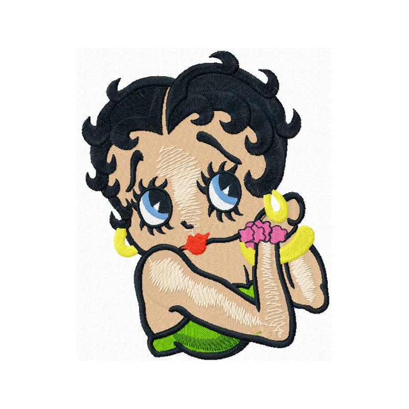Embroidery design featuring Betty Boop trying on earrings, perfect for personalizing apparel or accessories.
