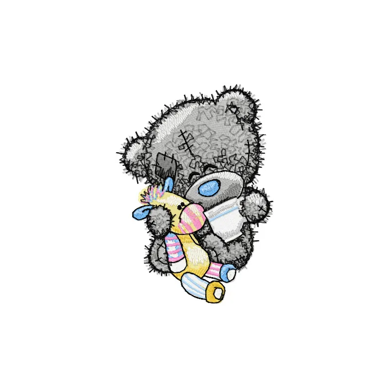 Teddy bear five o'clock tea embroidery design featuring a cute teddy with a teacup, perfect for baby onesies or pillows.