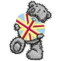 Teddy bear holding a gift embroidery design for creative stitching on baby onesies and tote bags.