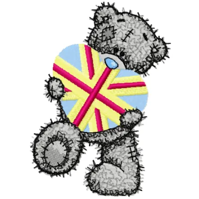 Teddy bear holding a gift embroidery design for creative stitching on baby onesies and tote bags.