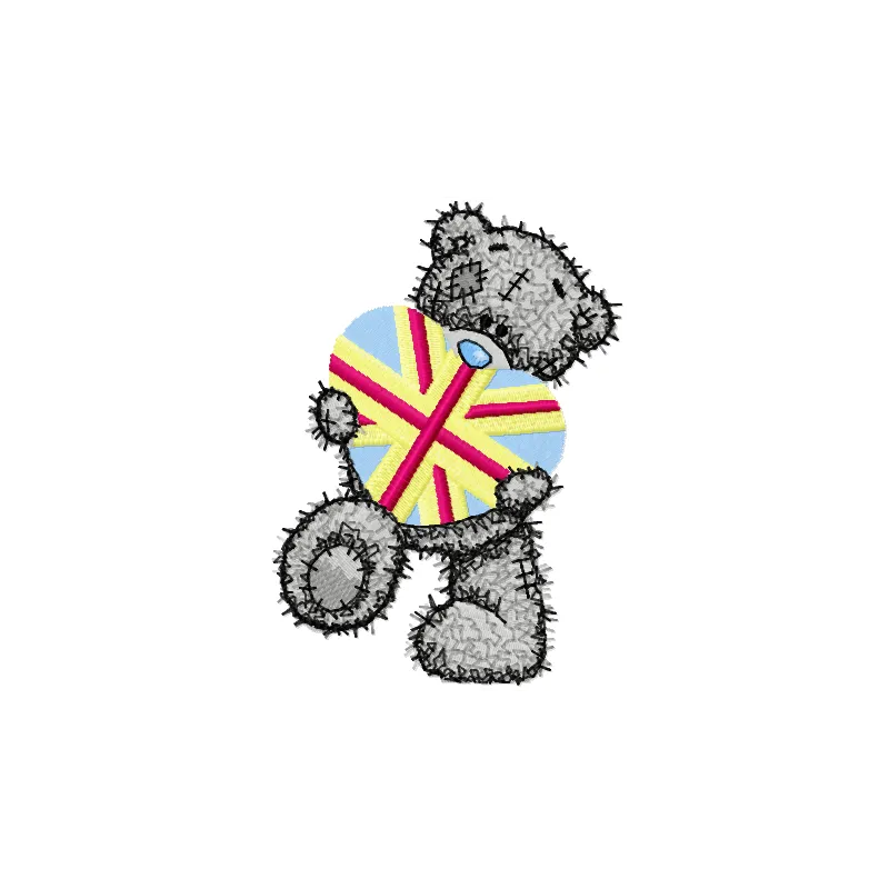 Teddy bear holding a gift embroidery design for creative stitching on baby onesies and tote bags.