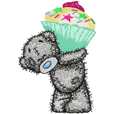 Teddy Bear Big Cupcake embroidery design featuring a cute teddy holding a colorful cupcake for crafting projects.