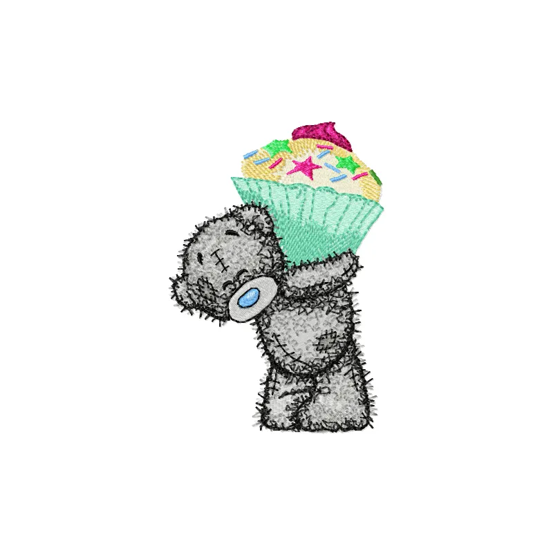 Teddy Bear Big Cupcake embroidery design featuring a cute teddy holding a colorful cupcake for crafting projects.