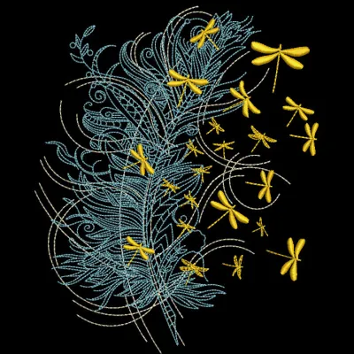 Embroidery design preview featuring feather and gold dragonflies in intricate detail.