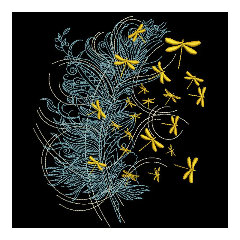 Embroidery design preview featuring feather and gold dragonflies in intricate detail.