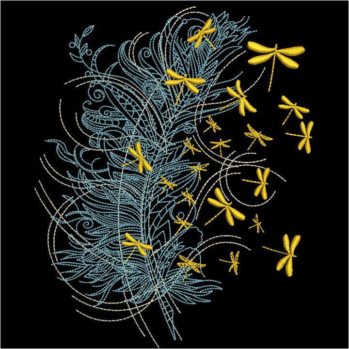 Feather and gold dragonflies embroidery design - Embroidery Design